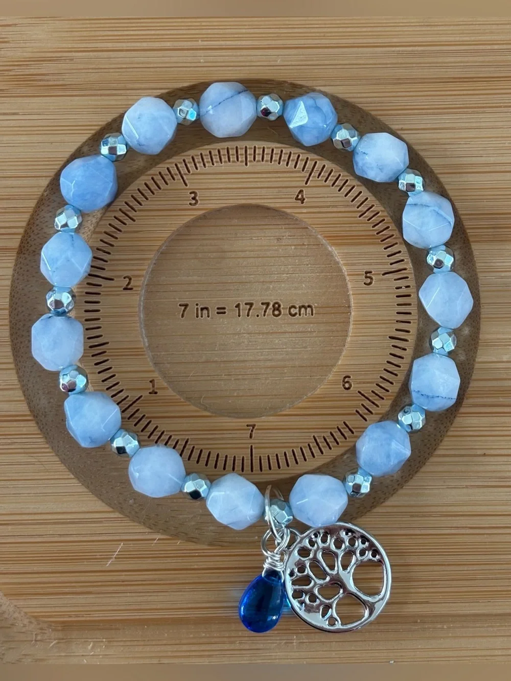 Blue Chalcedony & Blue Hematite Bracelet with Tree of Life